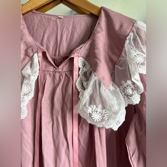 Pink White Lace Collar Coquette Girl Cottagecore Long Sleeve Nightgown Sleepwear - Picture 5 of 9
